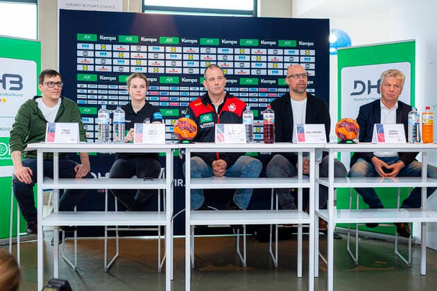 Handball, Womens EM 2020 Qualification, DHB Press Conference, Germany vs Slovenia vs le Communication DHB Tobias Krumm, Amelie Berger Germany Bietigheim , Coach Henk Groener Germany , Director Sports Axel Kromer, Lord Mayor Jürgen Kessing Bietigheim Bissingen Egetrans Arena Baden Württemberg Germany