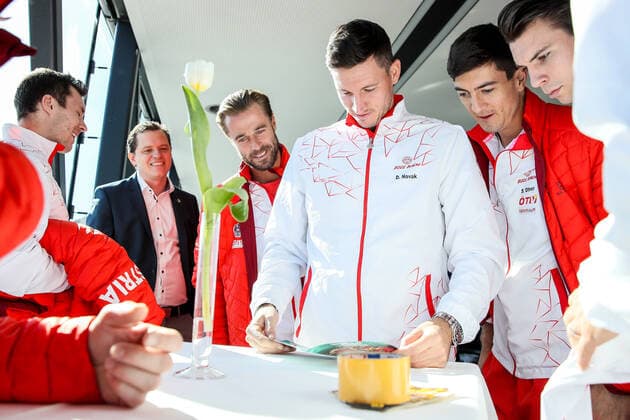 TENNIS - Davis Cup, AUT vs URU GRAZ,AUSTRIA,05.MAR.20 - TENNIS - ITF Davis Cup, Austria vs Uruguay, preview, draw. Image shows Oliver Marach (AUT), Dennis Novak (AUT), Sebastian Ofner (AUT) and Jurij Rodionov (AUT). GEPAxpictures xMaticxKlansek