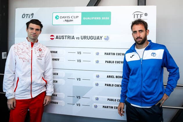 TENNIS - Davis Cup, AUT vs URU GRAZ,AUSTRIA,05.MAR.20 - TENNIS - ITF Davis Cup, Austria vs Uruguay, preview, draw. Image shows Jurij Rodionov (AUT) and Martin Cuevas (URU). GEPAxpictures xMaticxKlansek