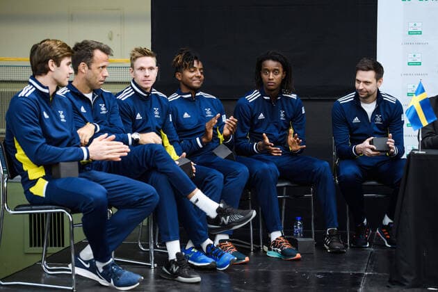 2020305 Carl Soderlund, Robert Lindstedt, Markus Eriksson, Mikael Ymer, Elias Ymer and Captain Robin Soderling of Sweden during the draw ceremony on March 5, 2020 in Stockholm,  Copyright: ERIKxSIMANDER BB200305BB370