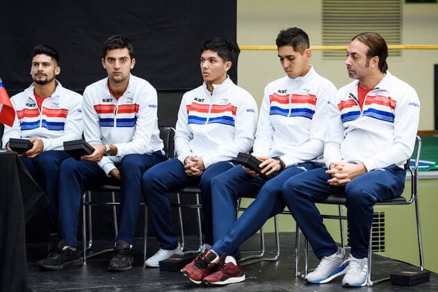 2020305 Bastian Malla, Marcelo Tomas Barrios Vera, Matias Soto, Alejandro Tabilo and Captain Nicolas Massu of Chile ahead of the draw ceremony on March 5, 2020 in Stockholm,  Copyright: ERIKxSIMANDER BB200305BB371
