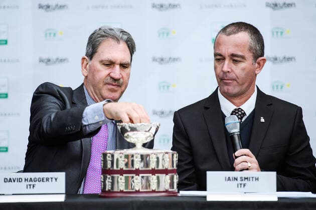 2020305 ITF President David Haggerty and ITF Referee Iain Smith during the draw ceremony on March 5, 2020 in Stockholm,  Copyright: ERIKxSIMANDER BB200305BB373
