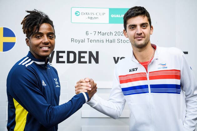2020305 Elias Ymer of Sweden and Marcelo Tomas Barrios Vera of Chile during the draw ceremony on March 5, 2020 in Stockholm,  Copyright: ERIKxSIMANDER BB200305BB378