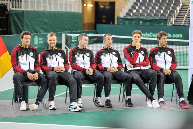 Team Germany Andreas MIES GER , Kevin KRAWIETZ GER , Dominik KOEPFER GER , Philipp KOHLSCHREIBER GER , Jan Lennard STRUFF GER and Michael KOHLMANN DTB Davis Cup Captain , Draw, Davis Cup Qualification 2020 Germany vs,