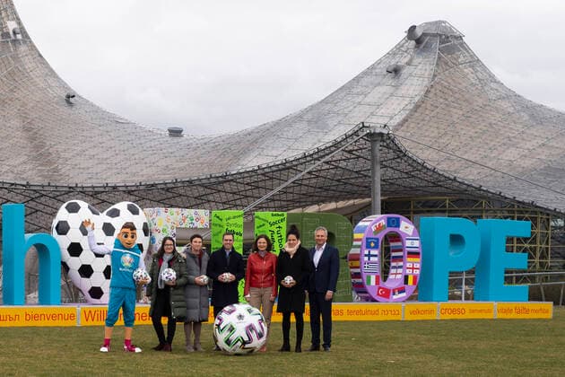 Press conference, 100 days for UEFA Euro 2020, Olympiapark Muenchen 03 03 2020 Â- City Councillor Kathrin Abele, representing the Lord Mayor Â- Sports Officer Beatrix Zurek Â- Marion Schöne, Managing Director of Olympiapark München GmbH Â- Philipp Lahm, UEFA EURO 2020 Ambassador of the City of Munich and Managing Director of DFB EURO GmbH Â- CÃ