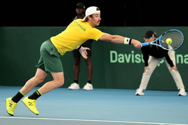 TENNIS DAVID CUP AUS BRAZIL, Jordan Thompson of Australia plays a shot against Thiago Monteiro of Brazil in the Davis Cup Qualifier between Australia and Brazil, at the Memorial Drive Tennis Centre, Adelaide, Friday 6 March 2020. ( NO ARCHIVING, EDITORIAL USE ONLY, NO USE IN BOOKS WITHOUT CONSENT ADELAIDE SA AUSTRALIA  Copyright: xJAMESxELSBYx 20200306001453934115