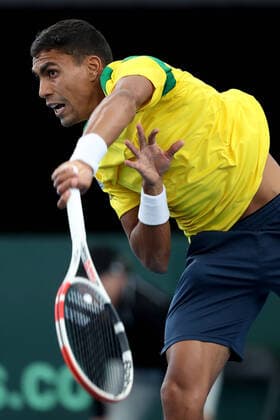 TENNIS DAVID CUP AUS BRAZIL, Thiago Monteiro of Brazil serves against Jordan Thompson of Australia in the Davis Cup Qualifier between Australia and Brazil, at the Memorial Drive Tennis Centre, Adelaide, Friday 6 March 2020. ( NO ARCHIVING, EDITORIAL USE ONLY, NO USE IN BOOKS WITHOUT CONSENT ADELAIDE SA AUSTRALIA  Copyright: xJAMESxELSBYx 20200306001453934286