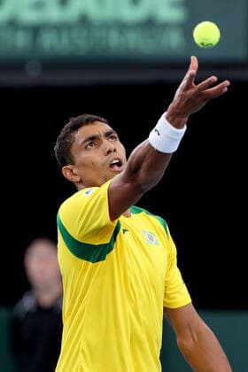 TENNIS DAVID CUP AUS BRAZIL, Thiago Monteiro of Brazil serves against Jordan Thompson of Australia in the Davis Cup Qualifier between Australia and Brazil, at the Memorial Drive Tennis Centre, Adelaide, Friday 6 March 2020. ( NO ARCHIVING, EDITORIAL USE ONLY, NO USE IN BOOKS WITHOUT CONSENT ADELAIDE SA AUSTRALIA  Copyright: xJAMESxELSBYx 20200306001453934295