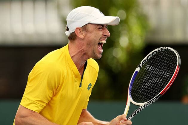 TENNIS DAVID CUP AUS BRAZIL, John Millman of Australia reacts after winning a point against Thiago Seyboth Wild of Brazil in the Davis Cup Qualifier between Australia and Brazil, at the Memorial Drive Tennis Centre, Adelaide, Friday 6 March 2020. ( NO ARCHIVING, EDITORIAL USE ONLY, NO USE IN BOOKS WITHOUT CONSENT ADELAIDE SA AUSTRALIA  Copyright: xJAMESxELSBYx 20200306001453957797