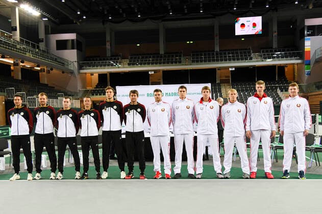 06 03 2020, GER, Davis Cup, Germany vs. Belarus 06 03 2020, GER, Davis Cup, Germany vs. Belarus , CASTELLO , Duesseldorf, in the picture picture picture shows German Team li Belarusian Team re nordphoto Mauelshagen nph00321