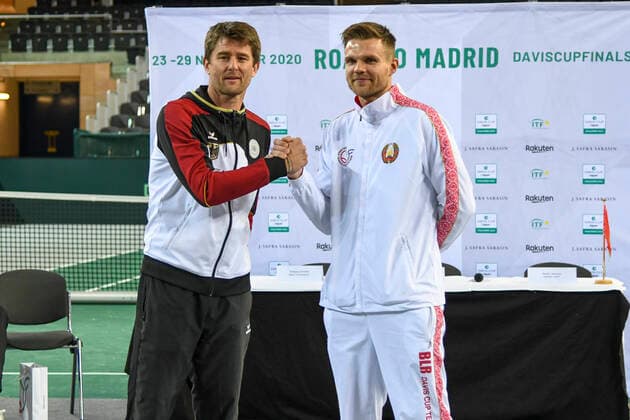 06 03 2020, GER, Davis Cup, Germany vs. Belarus 06 03 2020, GER, Davis Cup, Germany vs. Belarus , CASTELLO , Duesseldorf, in the picture picture picture shows from l teamcaptains GER Michael Kohlmann, teamcaptains BLR Dzmitry Zhyrmont after the draw nordphoto Mauelshagen nph00321