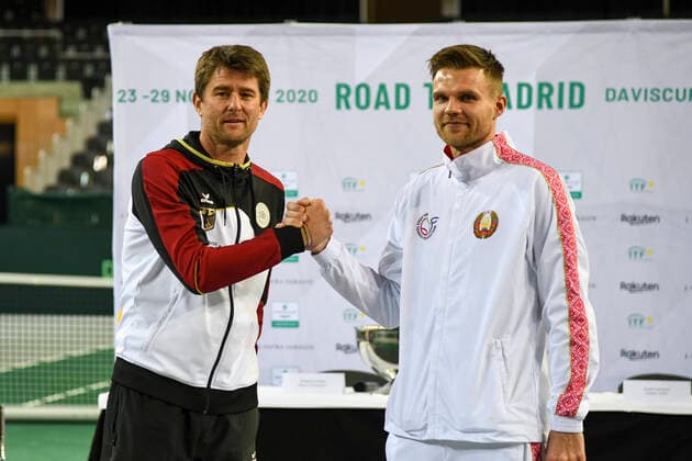 06 03 2020, GER, Davis Cup, Germany vs. Belarus 06 03 2020, GER, Davis Cup, Germany vs. Belarus , CASTELLO , Duesseldorf, in the picture picture picture shows from l teamcaptains GER Michael Kohlmann, teamcaptains BLR Dzmitry Zhyrmont after the draw nordphoto Mauelshagen nph00321