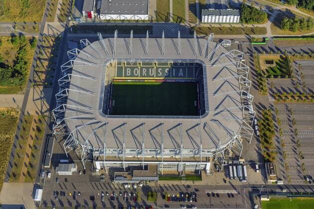 Stadion im Borussia-Park des Fussballklubs Borussia Moenchengladbach, 16.08.2013, Luftbild, Deutschland, Nordrhein-Westfalen, Moenchengladbach , Borussia-Park Stadium of the football team Borussia Monchengladbach, 16.08.2013, aerial view, Germany, North Rhine-Westphalia, Moenchengladbach BLWS607862.jpg
