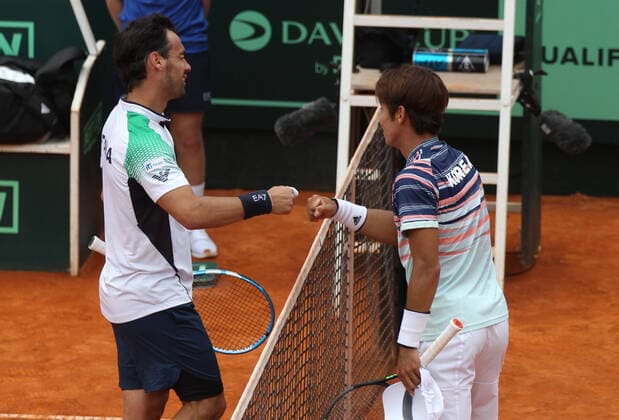 Tennis Cagliari, Davis Cup, Italy-Korea, no handshake between Fognini and Lee at the end of the race, March 6, 2019. Ph Felice Calabro (Felice Calabr? Fotogramma, Cagliari - 2020-03-06) p.s. la foto e utilizzabile nel rispetto del contesto in cui e stata scattata, e senza intento diffamatorio del decoro delle persone rappresentate  Copyright: xFelicexCalabr?x xFOTOGRAMMAx