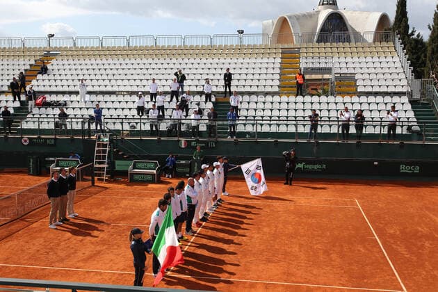 Tennis Cagliari, Davis Cup, Italy-Korea, the central behind closed doors during the meeting with the spaces imposed by the decree, March 6, 2019. Ph Felice Calabro (Felice Calabr? Fotogramma, Cagliari - 2020-03-06) p.s. la foto e utilizzabile nel rispetto del contesto in cui e stata scattata, e senza intento diffamatorio del decoro delle persone rappresentate  Copyright: xFelicexCalabr?x xFOTOGRAMMAx