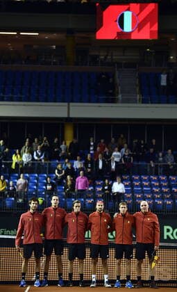 Belgian Sander Gille, Belgian Joran Vliegen, Belgian Arthur De Greef, Belgian Ruben Bemelmans, Belgian Kimmer Coppejans and Belgian captain Johan Van Herck pictured ahead of a tennis match between Hungarian Hungarian Balazs (ATP76) and Belgian Bemelmans (ATP169), the first rubber of the first round qualifiers in the Davis Cup World Group between Belgium and Hungary, Friday 06 March 2020, in Debrecene, Hungary. ERICxLALMAND  x2485345x