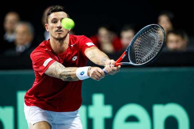 TENNIS - Davis Cup, AUT vs URU PREMSTAETTEN,AUSTRIA,06.MAR.20 - TENNIS - ITF Davis Cup, Austria vs Uruguay. Image shows Dennis Novak (AUT). GEPAxpictures xMaticxKlansek