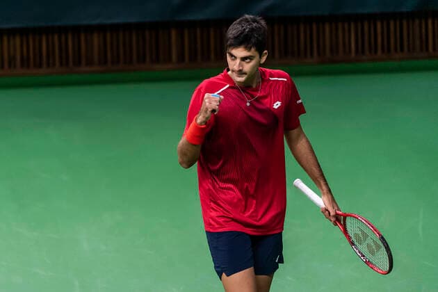 2020305 Marcelo T Barrios Vera of Chile celebrates during the Davis Cup qualification tennis match between Sweden and Chile on March 6, 2020 in Stockholm Photo Simon Hastegard Bildbyran Kod SH 180191 tennis bbeng sweden sverige chile davis cup jubel,  Copyright: SIMONxHASTEGARD BB200306SH007