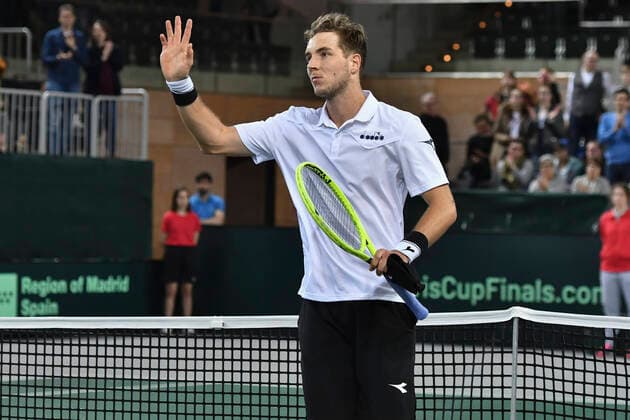 06 03 2020, GER, Davis Cup, Germany vs. Belarus 06 03 2020, GER, Davis Cup, Germany vs. Belarus , CASTELLO , Duesseldorf, in the picture picture picture shows Jan Lennard Struff GER Cheering joy emotion after the victory nordphoto Mauelshagen nph00321