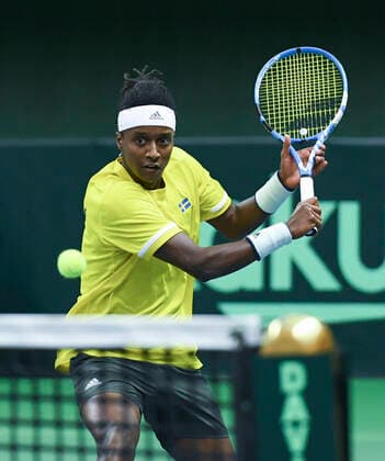 STOCKHOLM 20200306 Sweden s Mikael Ymer return to Chile s Marcelo Tomas Barrios Vera during qualifying game for the Davis Cup playoff between Sweden and Chile in the Royal Tennis Hall in Stockholm on March 6, 2020 Photo Erik Simander TT kod 11720 Stockholm Sweden x11720x,  Copyright: xErikxSimander TTx DAVIS CUP SWEDEN-CHILE