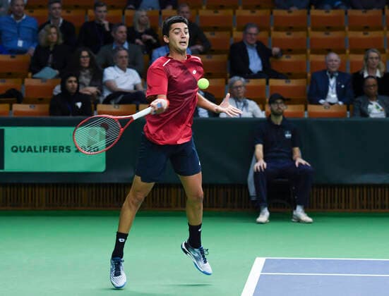 STOCKHOLM 20200306 Chile s Marcelo Tomas Barrios Vera returns to Sweden s Mikael Ymer during qualifying game for the Davis Cup playoff between Sweden and Chile in the Royal Tennis Hall in Stockholm on March 6, 2020 Photo Erik Simander TT kod 11720 Stockholm Sweden x11720x,  Copyright: xErikxSimander TTx DAVIS CUP SWEDEN-CHILE