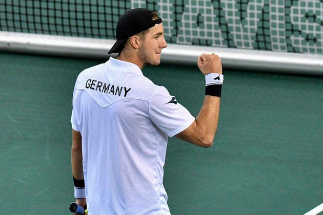 06 03 2020, GER, Davis Cup, Germany vs. Belarus 06 03 2020, GER, Davis Cup, Germany vs. Belarus , CASTELLO , Duesseldorf, in the picture picture picture shows Jan Lennard Struff GER Cheering joy emotion after the victory nordphoto Mauelshagen nph00321