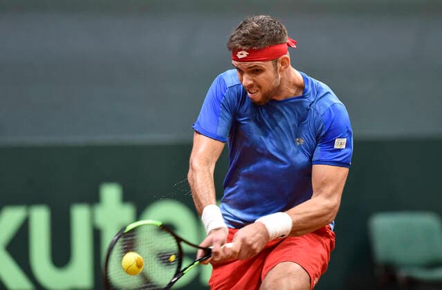 Czech Davis Cup team player Jiri Vesely in action during the Davis Cup qualifier Czech Republic vs. Slovakia in Bratislava, Slovakia, March 6, 2020. (CTKxPhoto VaclavxSalek) CTKPhotoP202003060806601 sal 09