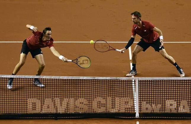 Belgian Sander Gille and Belgian Joran Vliegen pictured in action during a tennis double match between Hungarian Balazs Fucsovics and Belgian Gille Vliegen, the third rubber of the first round qualifiers in the Davis Cup World Group between Belgium and Hungary, Saturday 07 March 2020, in Debrecene, Hungary. ERICxLALMAND  x2485629x