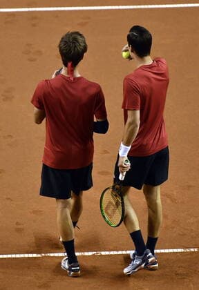 Belgian Joran Vliegen and Belgian Sander Gille pictured in action during a tennis double match between Hungarian Balazs Fucsovics and Belgian Gille Vliegen, the third rubber of the first round qualifiers in the Davis Cup World Group between Belgium and Hungary, Saturday 07 March 2020, in Debrecene, Hungary. ERICxLALMAND  x2485636x