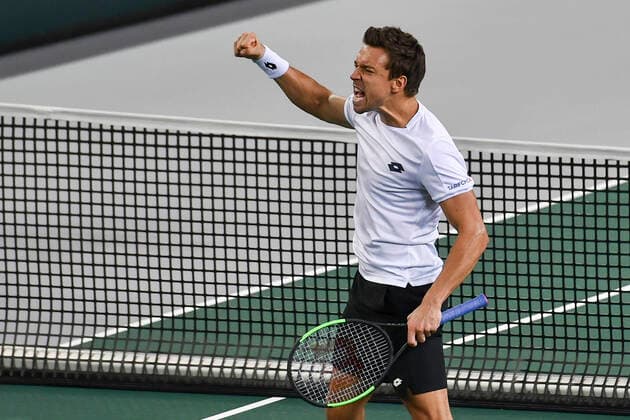 07 03 2020, GER, Davis Cup, Germany vs. Belarus 07 03 2020, GER, Davis Cup, Germany vs. Belarus , CASTELLO Düsseldorf, Duesseldorf in the picture picture picture shows Andreas Mies GER Cheering Joy Emotion shows the fist pep Mauelshagen pep00321