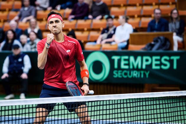 2020307 Alejandro Tabilo of Chile celebrate during a Davis Cup qualification tennis match between Sweden and Chile on March 7, 2020 in Stockholm,  Copyright: ERIKxSIMANDER BB200307BB278