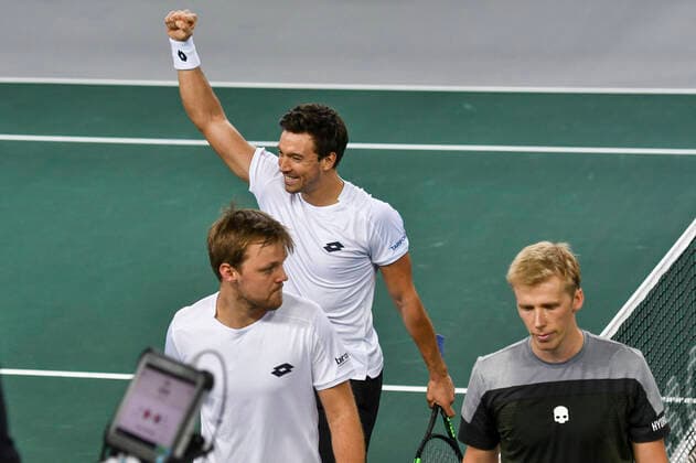 07 03 2020, GER, Davis Cup, Germany vs. Belarus 07 03 2020, GER, Davis Cup, Germany vs. Belarus , CASTELLO Düsseldorf, Duesseldorf in the picture picture picture shows Kevin Krawietz GER Andreas Mies GER Cheering Joy Emotion After the victory pep Mauelshagen pep00321