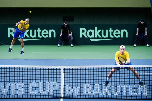 2020307 Robert Lindstedt and Markus Eriksson of Sweden during a Davis Cup qualification tennis match between Sweden and Chile on March 7, 2020 in Stockholm,  Copyright: ERIKxSIMANDER BB200307BB301
