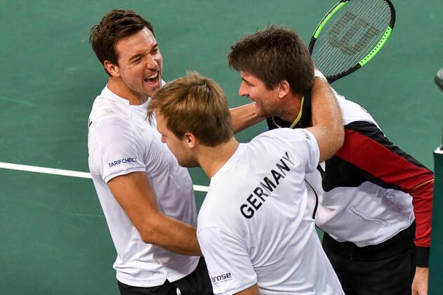 07 03 2020, GER, Davis Cup, Germany vs. Belarus 07 03 2020, GER, Davis Cup, Germany vs. Belarus , CASTELLO Düsseldorf, Duesseldorf in the picture picture picture shows Kevin Krawietz GER Andreas Mies GER Cheering Joy Emotion After the victory with Michael Kohlmann GER pep Mauelshagen pep00321