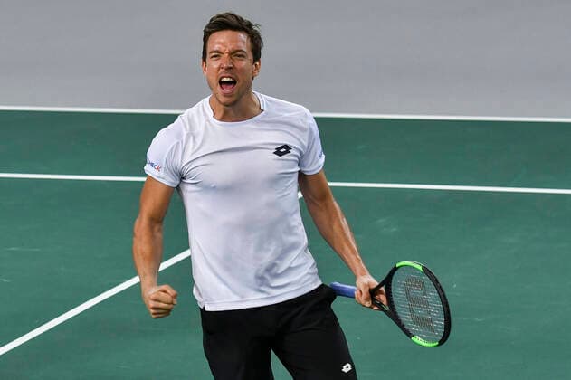 07 03 2020, GER, Davis Cup, Germany vs. Belarus 07 03 2020, GER, Davis Cup, Germany vs. Belarus , CASTELLO Düsseldorf, Duesseldorf in the picture picture picture shows Andreas Mies GER Cheering Joy Emotion after the victory pep Mauelshagen pep00321