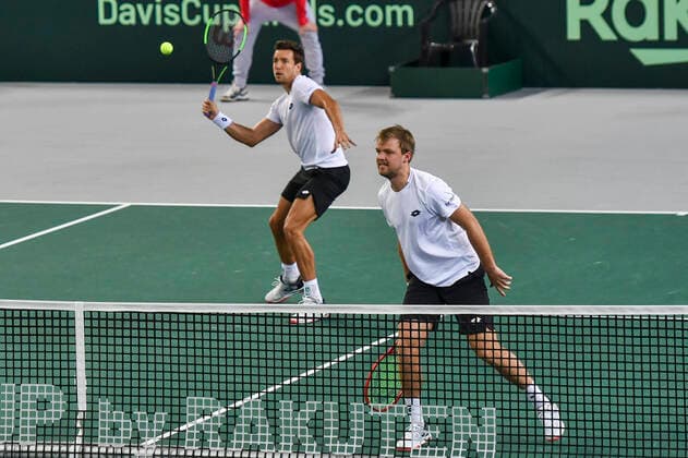 07 03 2020, GER, Davis Cup, Germany vs Belarus 07 03 2020, GER, Davis Cup, Germany vs Belarus , CASTELLO Düsseldorf, Duesseldorf in the picture picture shows Kevin Krawietz GER Andreas Mies GER pep Mauelshagen pep00321