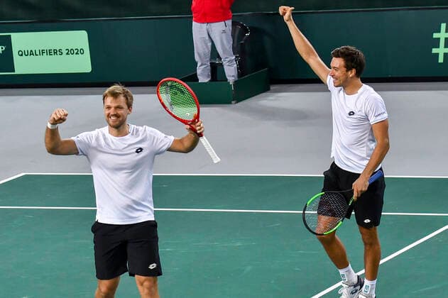 07 03 2020, GER, Davis Cup, Germany vs. Belarus 07 03 2020, GER, Davis Cup, Germany vs. Belarus , CASTELLO Düsseldorf, Duesseldorf in the picture picture picture shows Kevin Krawietz GER Andreas Mies GER Cheering Joy Emotion After the victory pep Mauelshagen pep00321