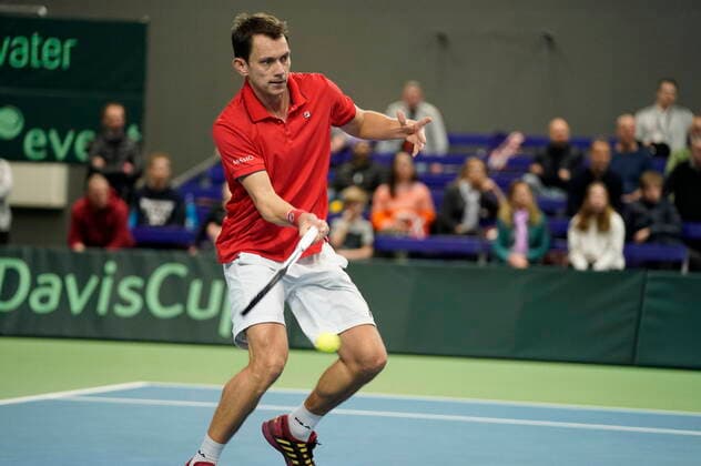Frederik Loechte Nielsen in the match against Ignacio Garcia Denmark meets Puerto Rico in Davis Cup in Holbaek Sportsby, Saturday March 7, 2020, Holbaek Denmark,  Copyright: ClausxBechx cop103 spdk20200307-140247-L