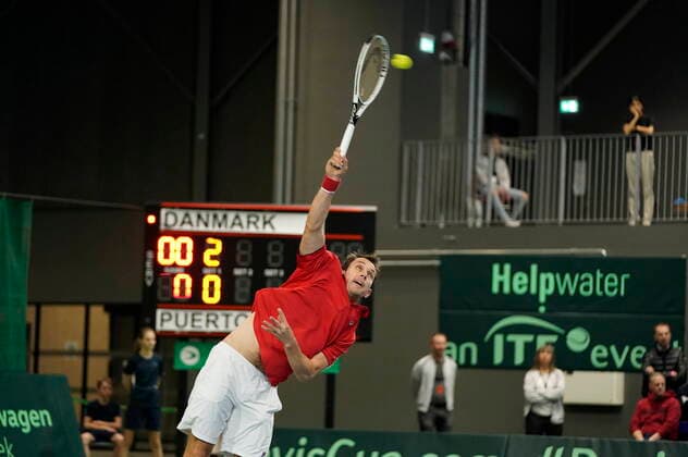 Frederik Loechte Nielsen in the match against Ignacio Garcia Denmark meets Puerto Rico in Davis Cup in Holbaek Sportsby, Saturday March 7, 2020, Holbaek Denmark,  Copyright: ClausxBechx cop103 spdk20200307-140256-L