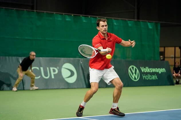 Frederik Loechte Nielsen in the match against Ignacio Garcia Denmark meets Puerto Rico in Davis Cup in Holbaek Sportsby, Saturday March 7, 2020, Holbaek,  Copyright: ClausxBechx cop103 spdk20200307-142301-L