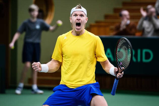 200307 Markus Eriksson of Sweden celebrate during a Davis Cup qualification tennis match between Sweden and Chile on March 7, 2020 in Stockholm,  Copyright: ERIKxSIMANDER BB200307BB487