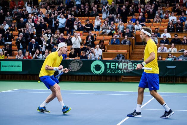 200307 Markus Eriksson and Robert Lindstedt of Sweden celebrate during a Davis Cup qualification tennis match between Sweden and Chile on March 7, 2020 in Stockholm,  Copyright: ERIKxSIMANDER BB200307BB489