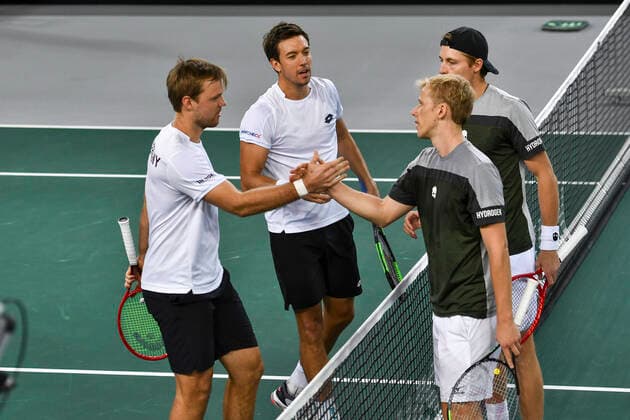 07 03 2020, GER, Davis Cup, Germany vs Belarus 07 03 2020, GER, Davis Cup, Germany vs Belarus , CASTELLO Düsseldorf, Duesseldorf in the picture picture picture shows Kevin Krawietz GER Andreas Mies GER Andrei Vasilevski BLR Ilya Ivashka BLR pep Mauelshagen pep00321