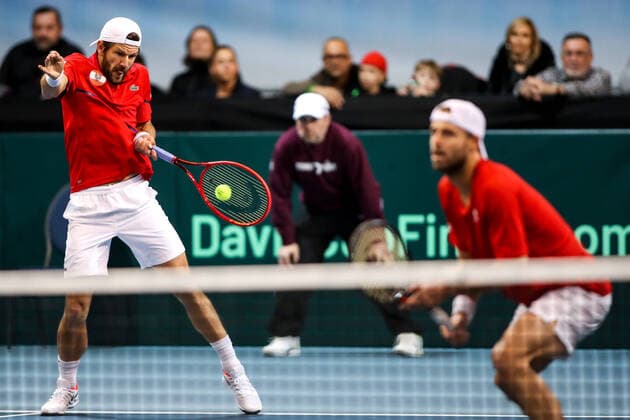 TENNIS - Davis Cup, AUT vs URU PREMSTAETTEN,AUSTRIA,07.MAR.20 - TENNIS - ITF Davis Cup, Austria vs Uruguay. Image shows Juergen Melzer (AUT) and Oliver Marach (AUT). GEPAxpictures xMaticxKlansek