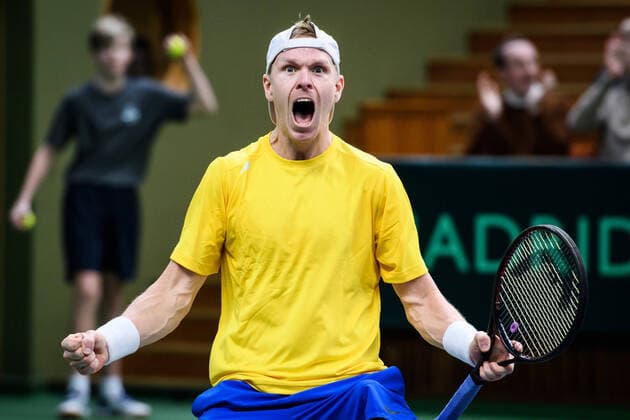 200307 Markus Eriksson of Sweden celebrate after a Davis Cup qualification tennis match between Sweden and Chile on March 7, 2020 in Stockholm,  Copyright: ERIKxSIMANDER BB200307BB552