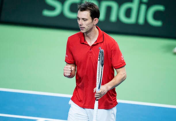Single between Frederik Loechte Nielsen and Ignacio Garcia Denmark meets Puerto Rico in Davis Cup in Holbaek Sportsby, Saturday, March 7, 2020, Holbaek Denmark,  Copyright: ClausxBechx cop103 spdk20200307-151553-L