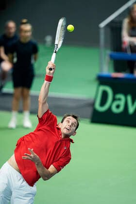 Single between Frederik Loechte Nielsen and Ignacio Garcia Denmark meets Puerto Rico in Davis Cup in Holbaek Sportsby, Saturday, March 7, 2020, Holbaek Denmark,  Copyright: ClausxBechx cop103 spdk20200307-151558-L