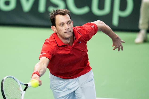 Single between Frederik Loechte Nielsen and Ignacio Garcia Denmark meets Puerto Rico in Davis Cup in Holbaek Sportsby, Saturday, March 7, 2020, Holbaek Denmark,  Copyright: ClausxBechx cop103 spdk20200307-151708-L