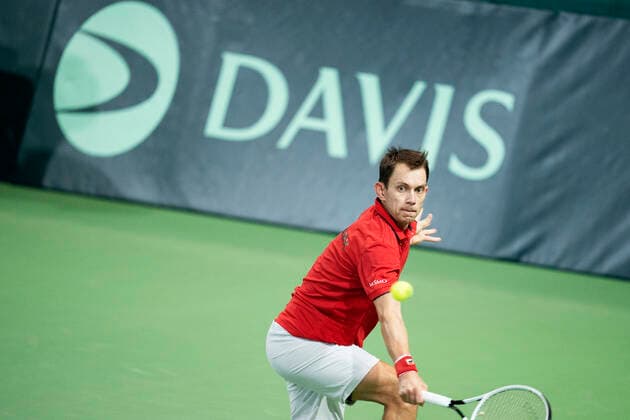 Single between Frederik Loechte Nielsen and Ignacio Garcia Denmark meets Puerto Rico in Davis Cup in Holbaek Sportsby, Saturday, March 7, 2020, Holbaek Denmark,  Copyright: ClausxBechx cop103 spdk20200307-152114-L