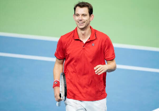 Single between Frederik Loechte Nielsen and Ignacio Garcia Denmark meets Puerto Rico in Davis Cup in Holbaek Sportsby, Saturday, March 7, 2020, Holbaek Denmark,  Copyright: ClausxBechx cop103 spdk20200307-152118-L